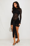 Black Lace High Neck Long Sleeve Draped Mini Dress