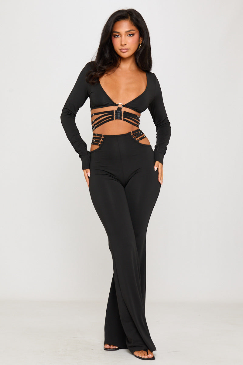Black Cut Out Detail Plunge Top & Flare Pants Co-Ord