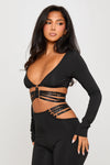 Black Cut Out Detail Plunge Top & Flare Pants Co-Ord