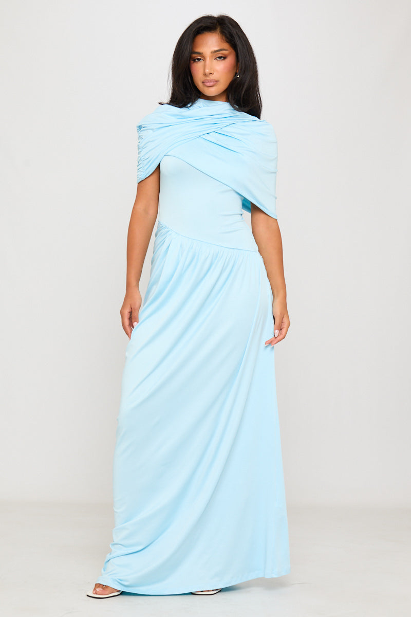 Baby Blue Draped Asymmetric Pleated Maxi Dress