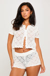 White Crochet Knit Button Top & Micro Shorts Co-Ord