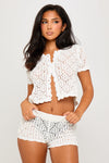 White Crochet Knit Button Top & Micro Shorts Co-Ord