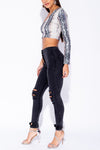 Grey Snake Print One Shoulder Long Sleeve Crop Top