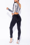 Grey Snake Print One Shoulder Long Sleeve Crop Top