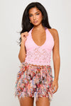 Pink Lace Halter Neck Plunge Crop Top