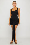 Black Lace Tie Front Cinched Draped Mini Dress
