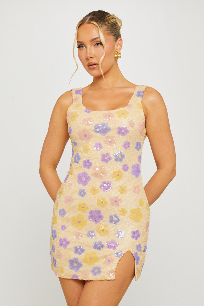 Purple Floral Detail Square Neck Mini Dress