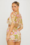 Pink Sheer Floral Embroidered Crop Top & Mini Skirt Co-Ord
