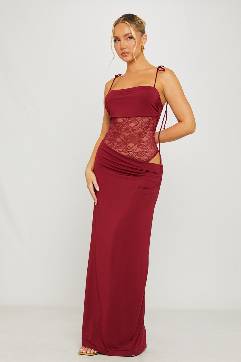 Burgundy Lace Detail Shoulder Tie Maxi Dress