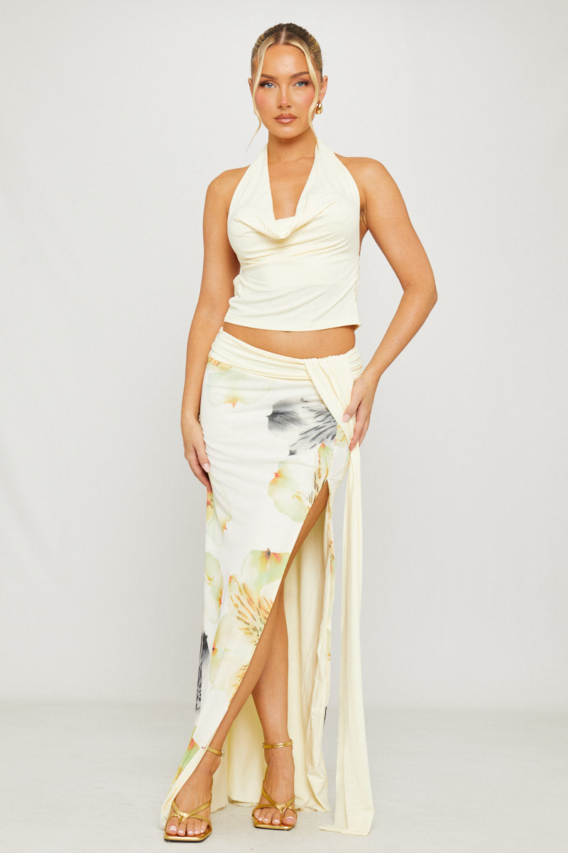 Cream Floral Print Cowl Top & Draped Maxi Skirt Co-Ord