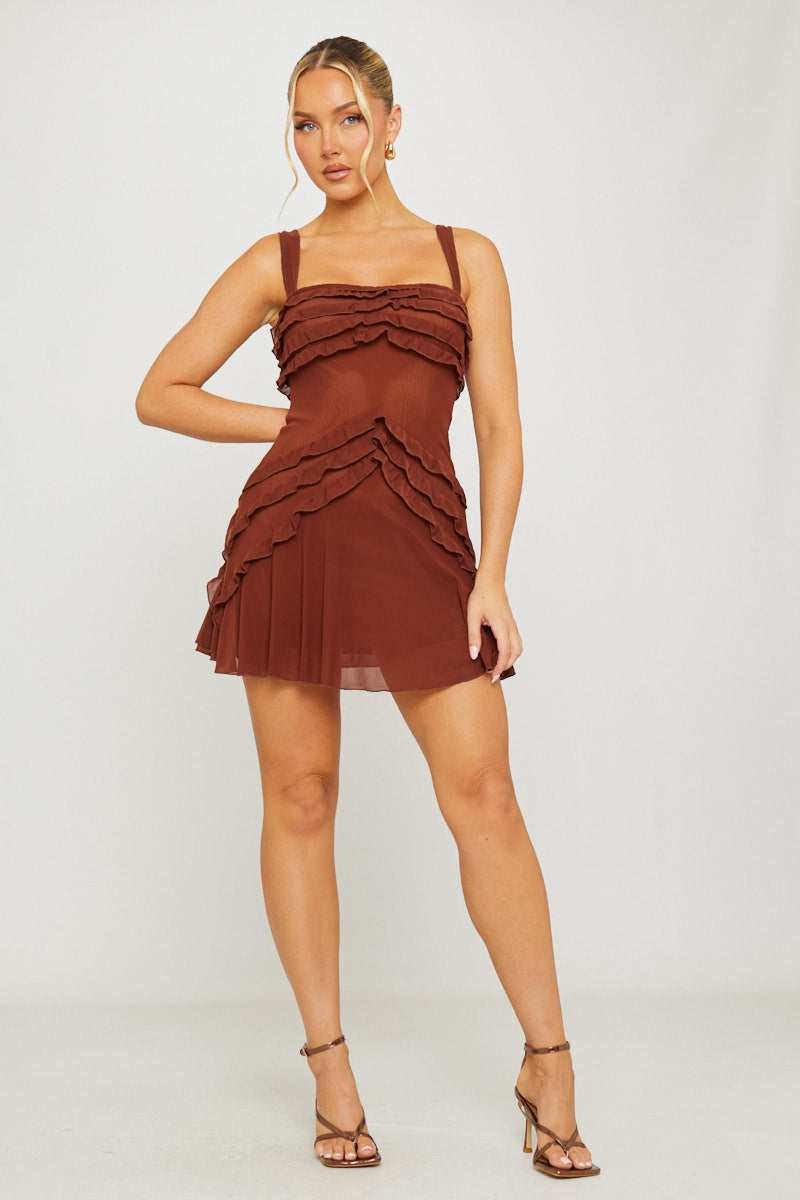 Brown Strapless Chiffon Ruffle Detail Mini Dress