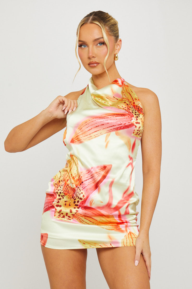 Yellow Floral Print High Neck Backless Mini Dress