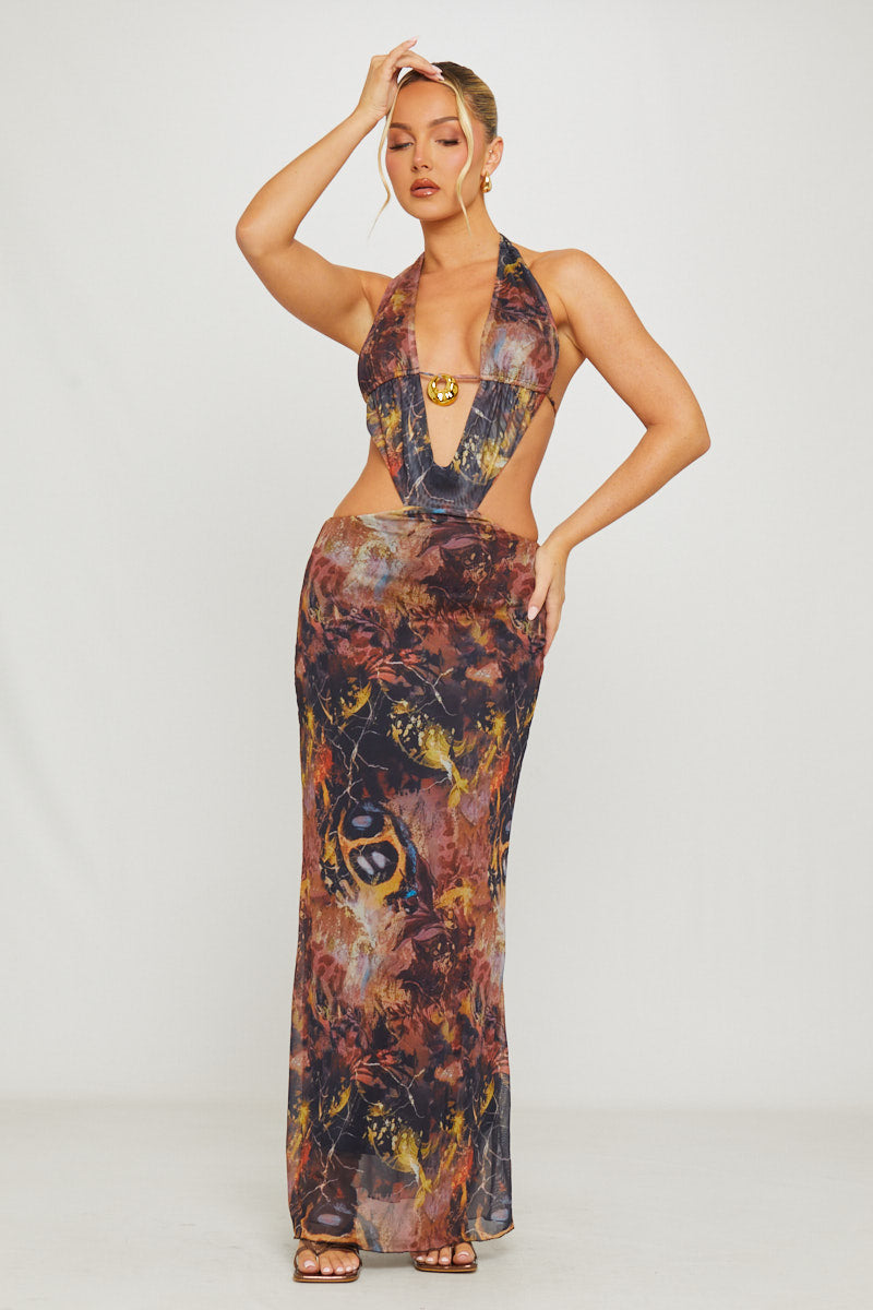 Brown Printed Plunge Halter Open Back Maxi Dress