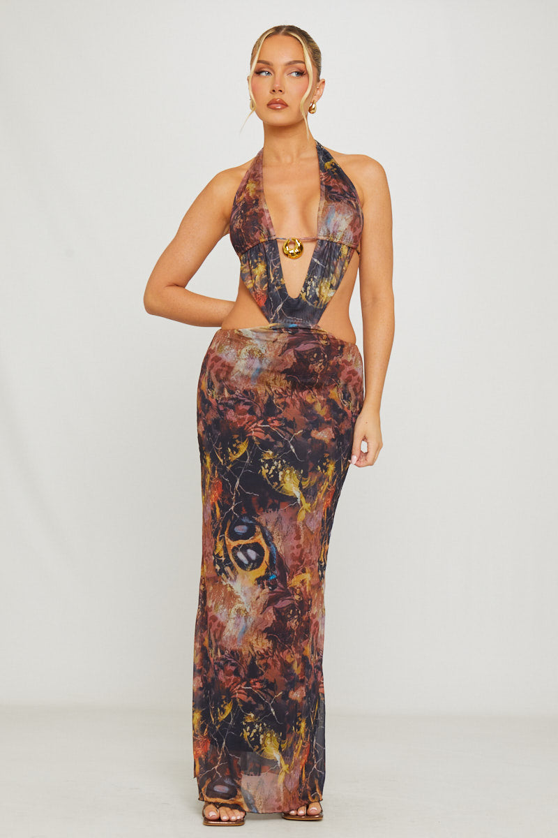 Brown Printed Plunge Halter Open Back Maxi Dress