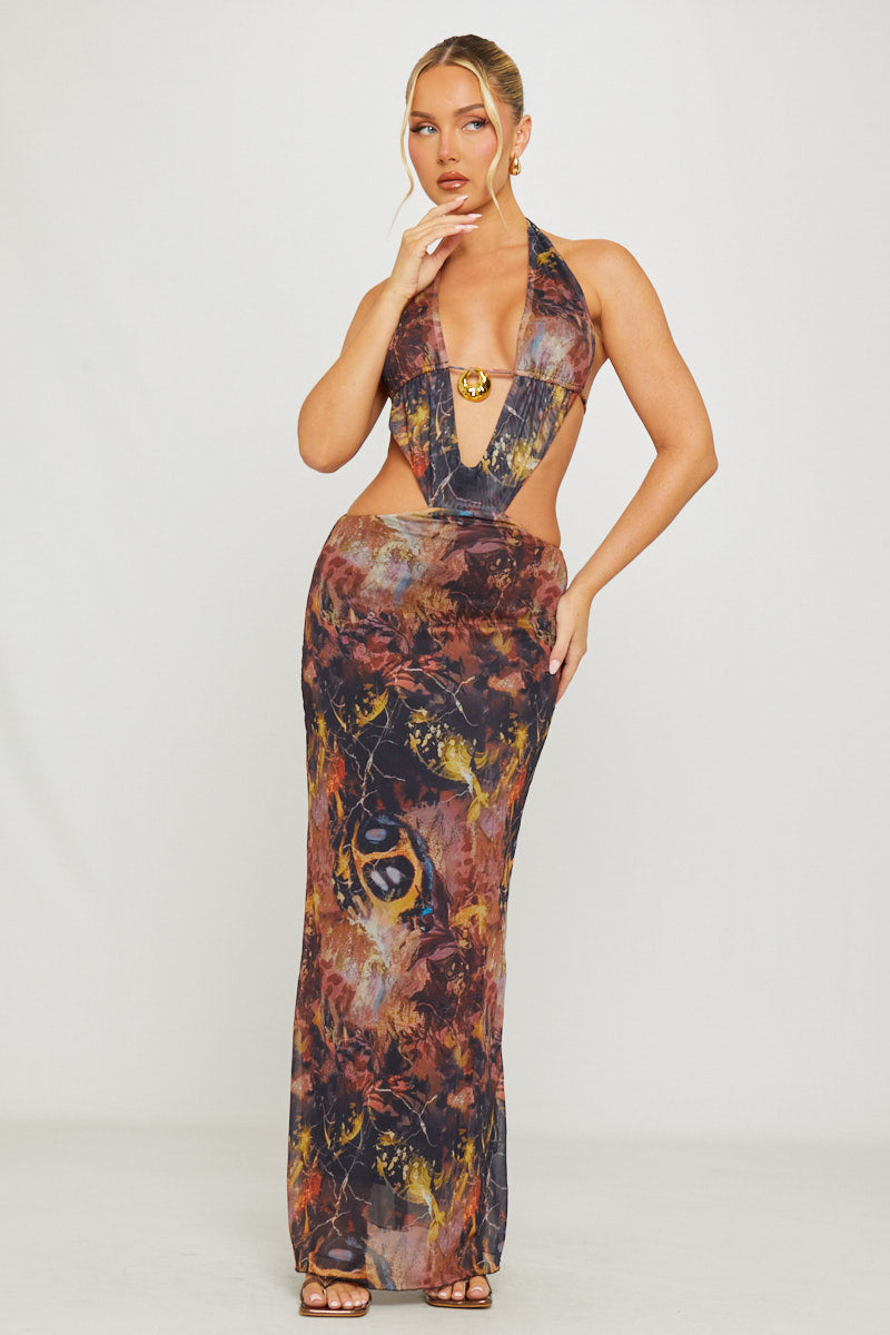 Brown Printed Plunge Halter Open Back Maxi Dress
