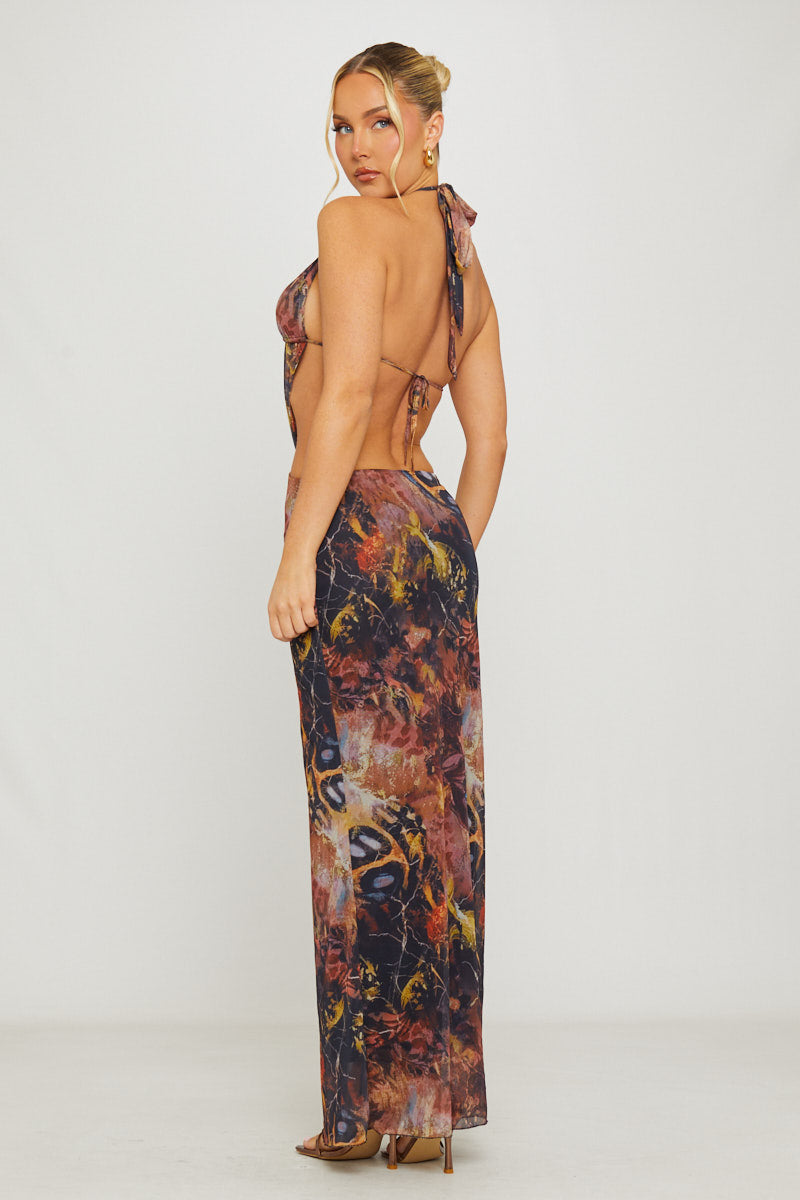 Brown Printed Plunge Halter Open Back Maxi Dress