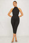 Black Ribbed High Neck Capri Jumpsuit