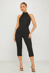 Black Ribbed High Neck Capri Jumpsuit