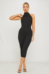 Black Ribbed High Neck Capri Jumpsuit