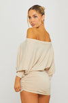 Cream Off Shoulder Ruched Batwing Mini Dress