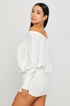 White Off Shoulder Ruched Batwing Mini Dress