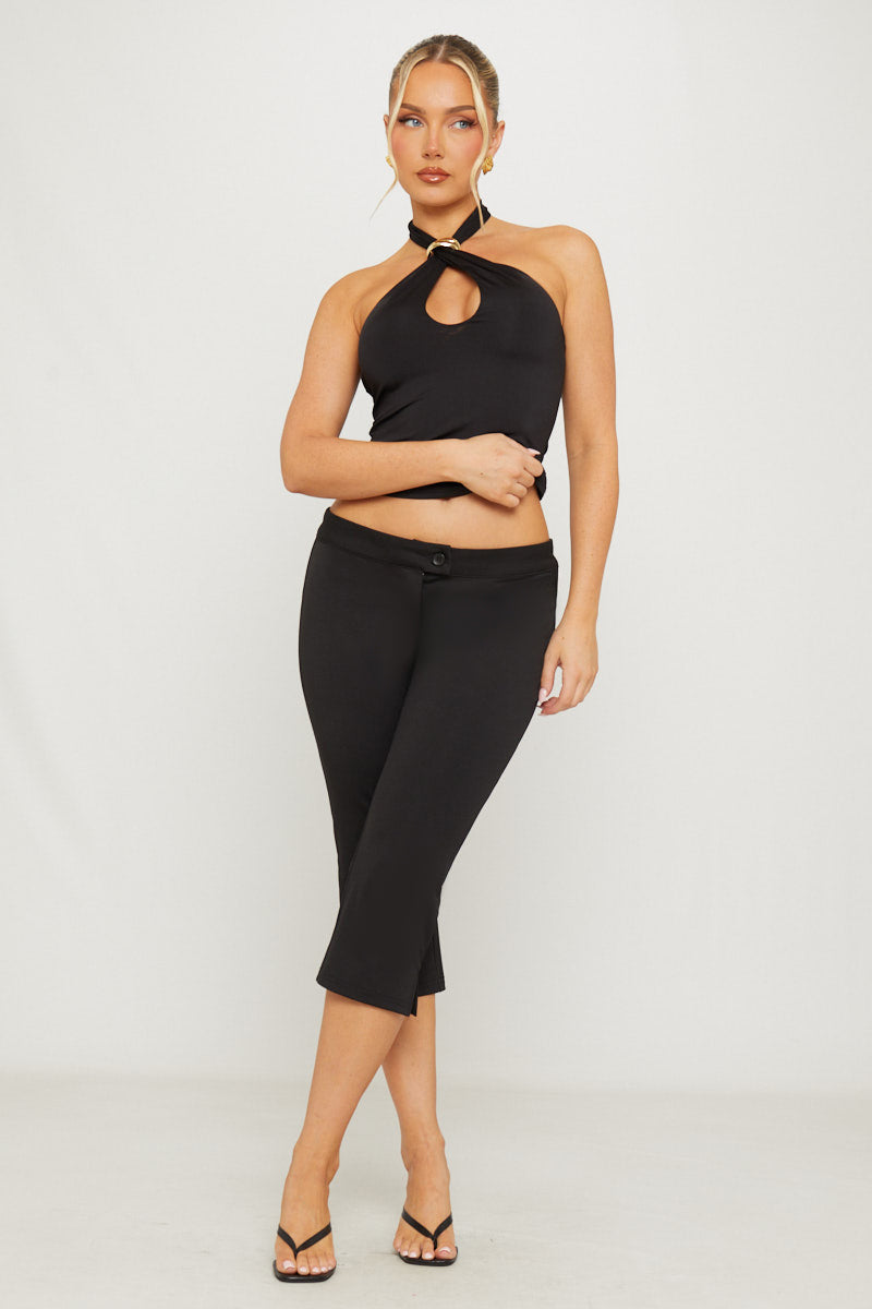 Black Low Rise Button Up Capri Pants
