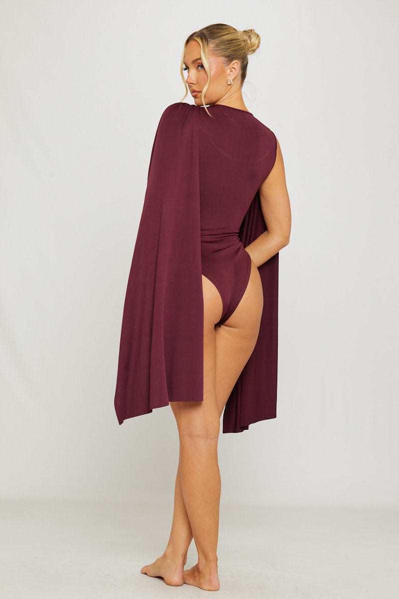Brown Shoulder Draped Ruched Bodysuit