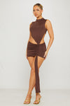 Brown High Neck Ruched Asymmetric Draped Mini Dress