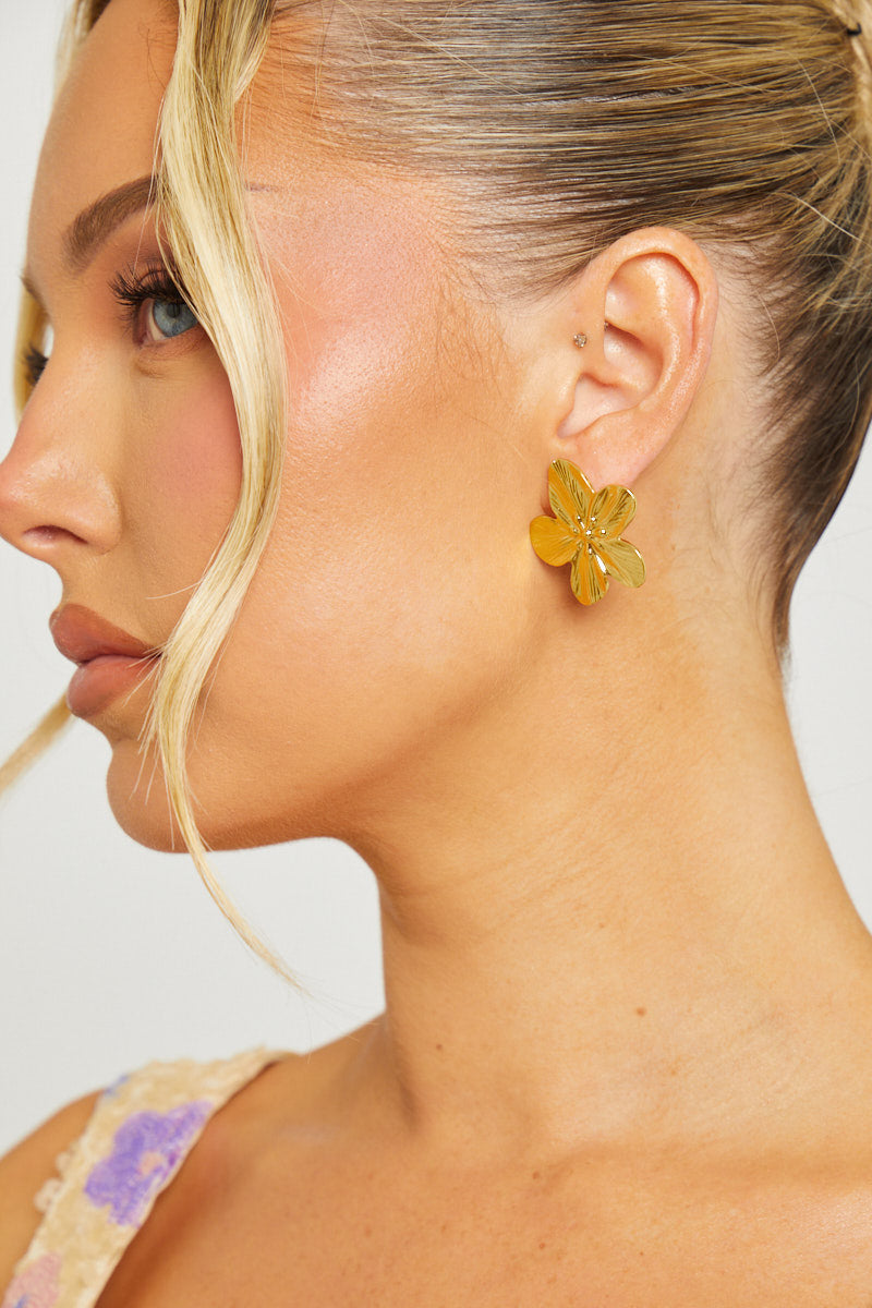Gold Petal Flower Drop Earrings