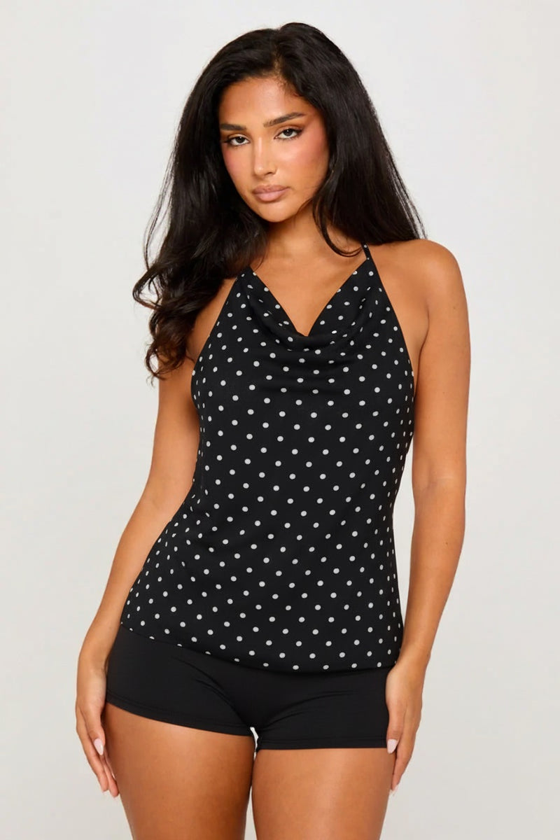 Black Polka Dot Halterneck Open Back Top