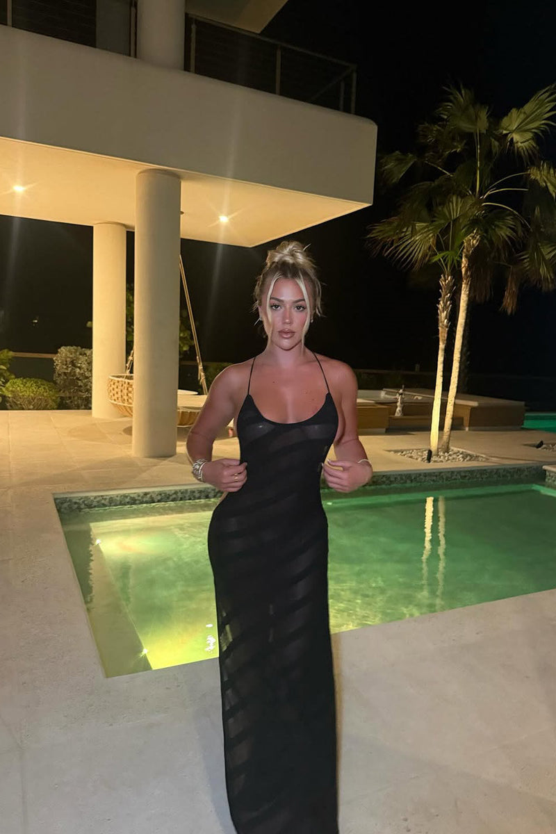 Black Sheer Striped Knit Backless Maxi Dress