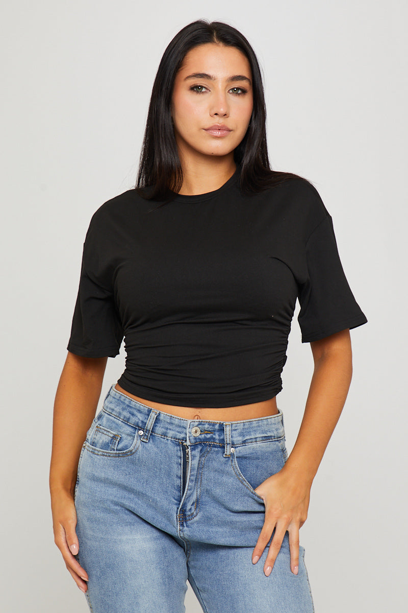 Black Cinched Waist Short Sleeve T-Shirt