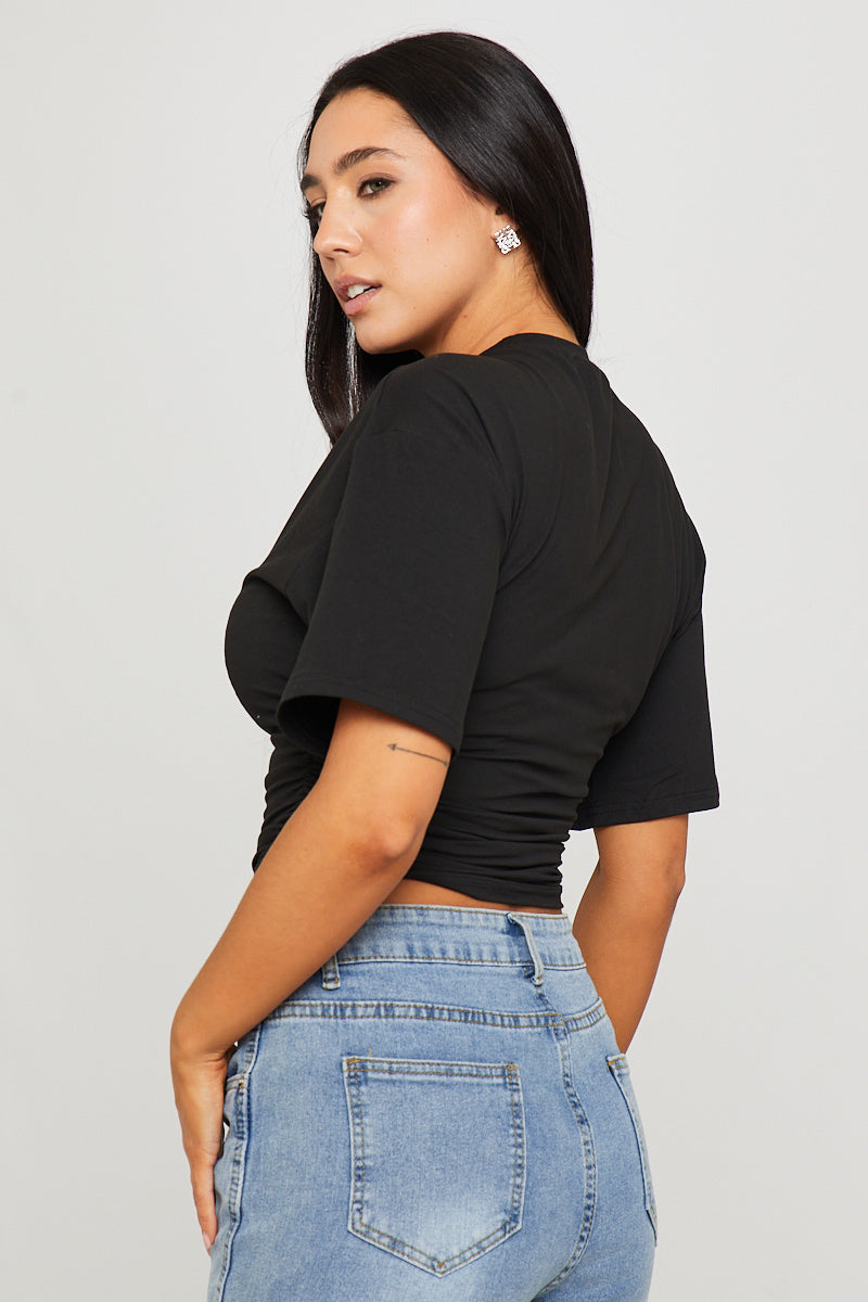 Black Cinched Waist Short Sleeve T-Shirt