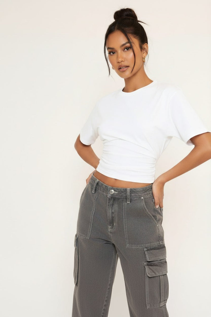 White Cinched Waist Short Sleeve T-Shirt