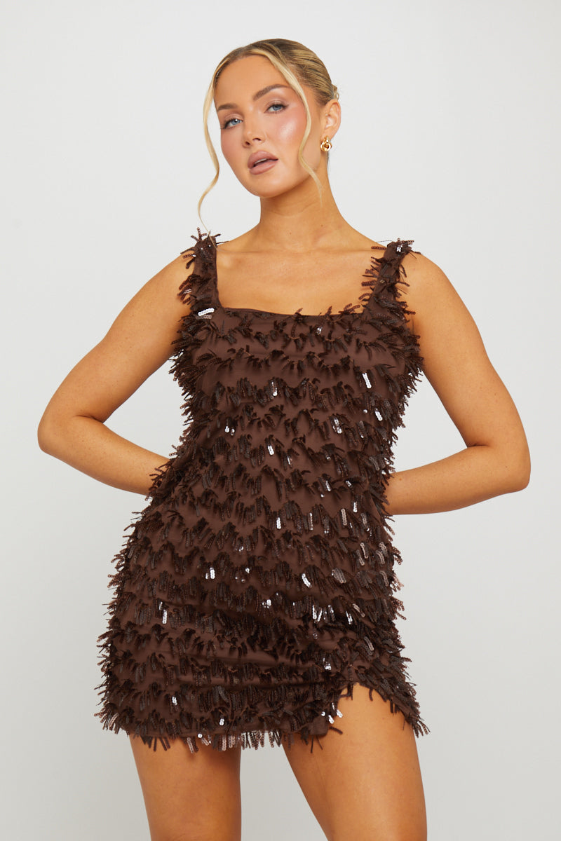 Brown Sequin Embellished Split Detail Mini Dress