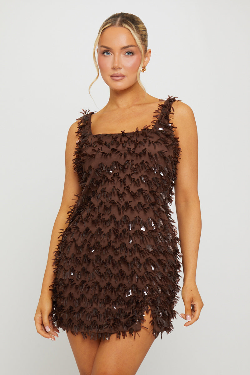 Brown Sequin Embellished Split Detail Mini Dress