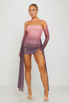Purple Ruched Mesh Double Layered Draped Mini Dress