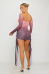Purple Ruched Mesh Double Layered Draped Mini Dress