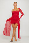 Red Ruched Mesh Double Layered Draped Mini Dress