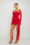 Red Ruched Mesh Double Layered Draped Mini Dress