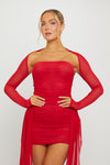 Red Ruched Mesh Double Layered Draped Mini Dress