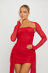 Red Ruched Mesh Double Layered Draped Mini Dress