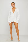 White Plunge Neck Draped Long Sleeve Mini Dress