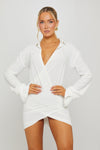 White Plunge Neck Draped Long Sleeve Mini Dress