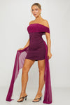 Purple Off Shoulder Ruched Draped Mini Dress