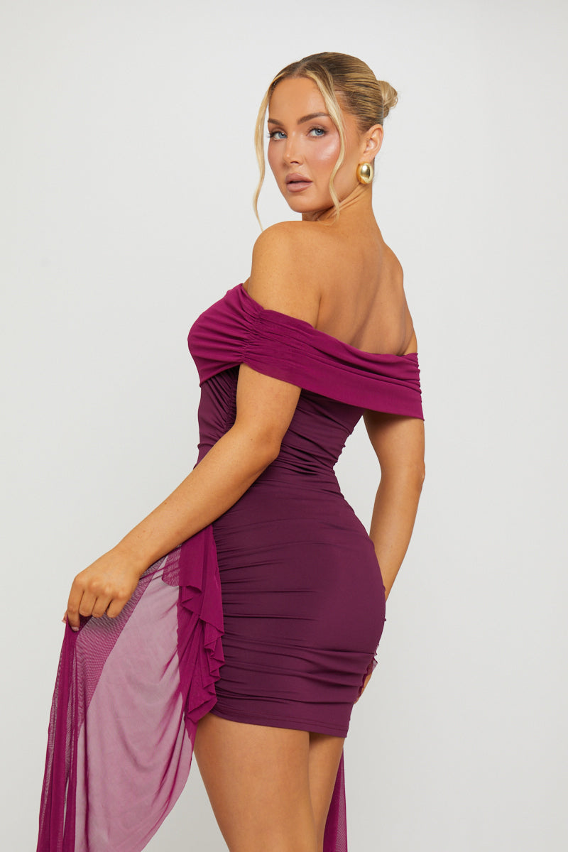 Purple Off Shoulder Ruched Draped Mini Dress