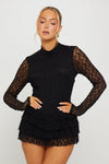 Black Lace Frill Detail High Neck Mini Dress