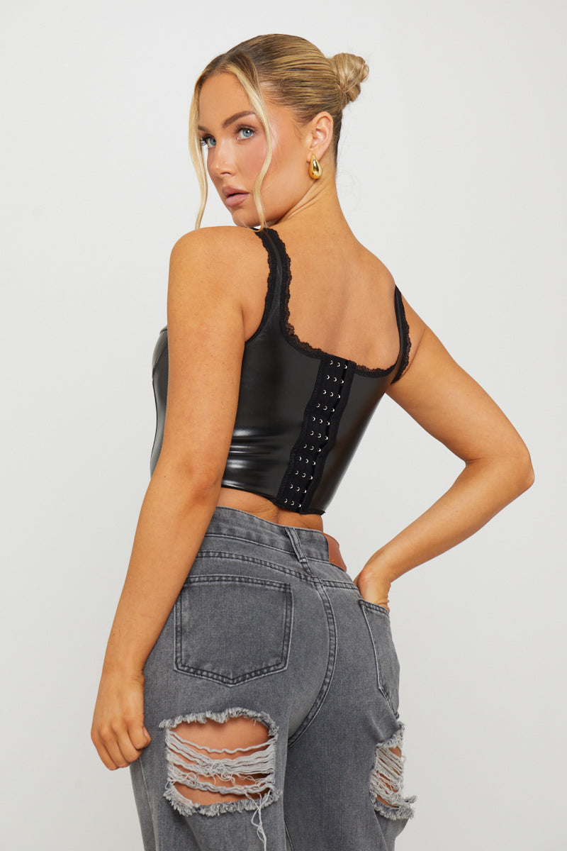 Black Faux Leather Bustier Dipped Corset Top
