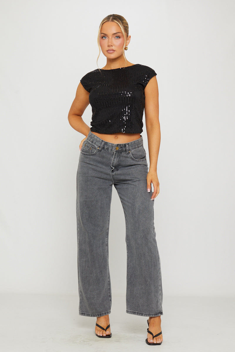 Black Sequin Detail Cap Sleeve Backless Crop Top