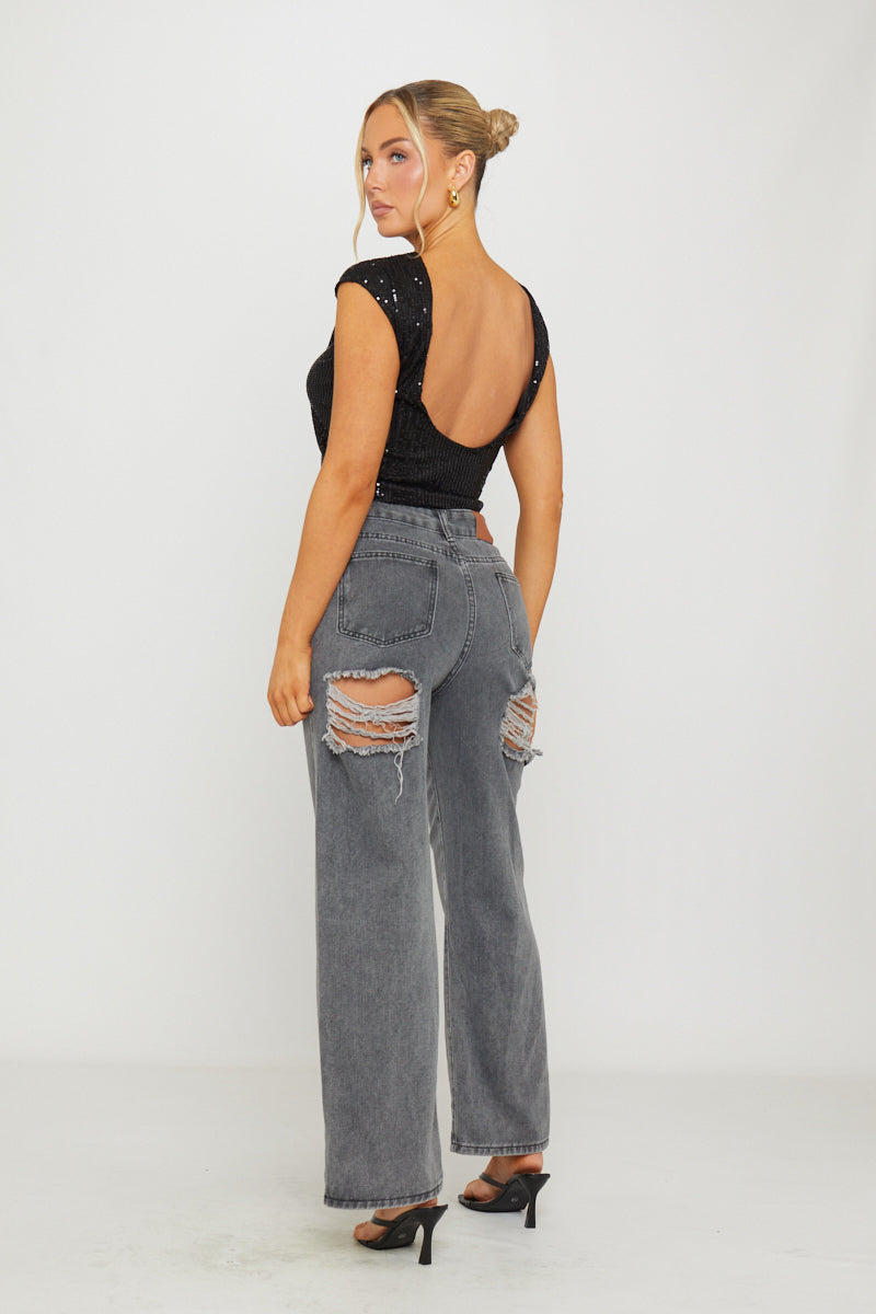 Black Sequin Detail Cap Sleeve Backless Crop Top